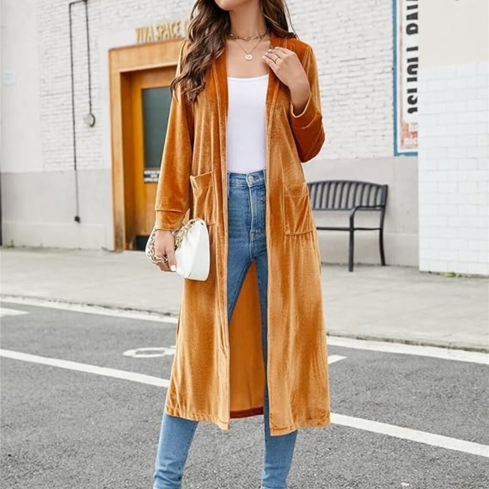 Velvet Mustard Long Cardigan Trench Coat 2X